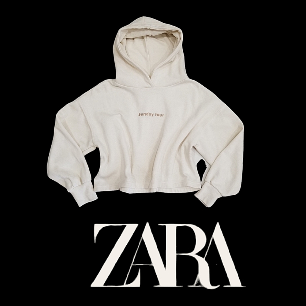 Zara "Sunday Tour" Girls Cropped Hooded Sweatshirt in Ecru 9 - Picture 1 of 12